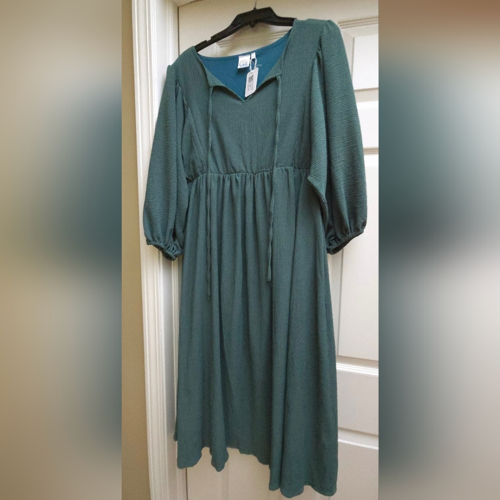 NWT R Collection Teal Empire Waist Crinkle Midi Dress w/pockets lined L/XL - Picture 5 of 8